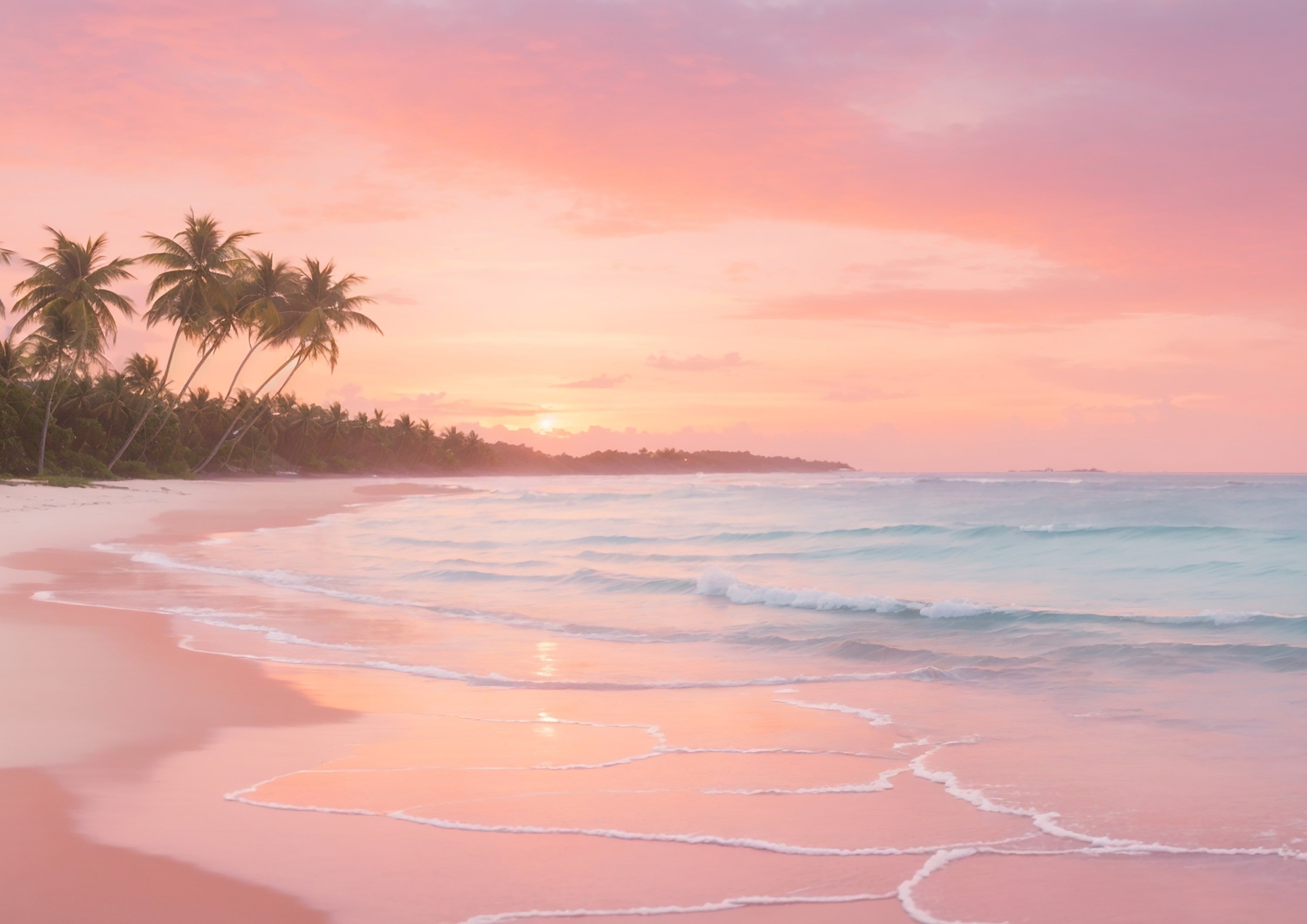 Palm-lined sandy beach beneath a soft pink and orange sunset sky